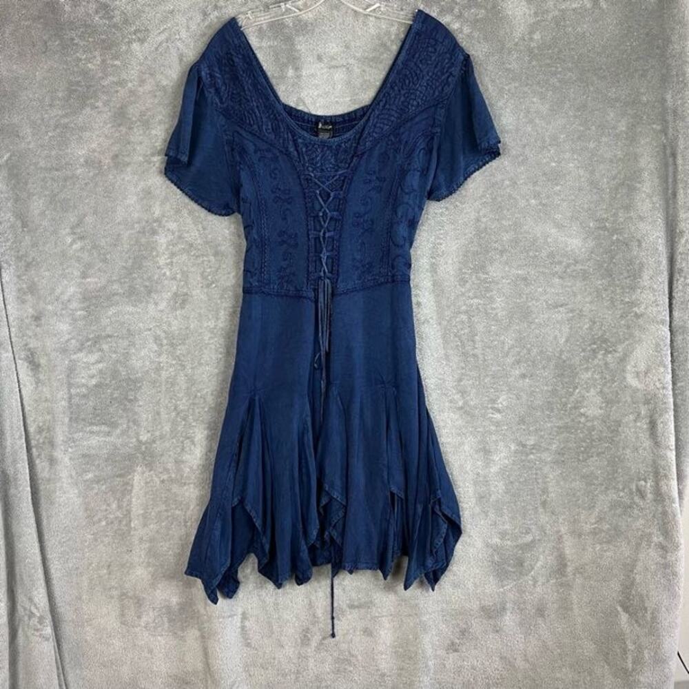 Flow Short Dress Womens XL Blue‎ Lace Up Milkmaid Cottagecore Reinassance NWT
